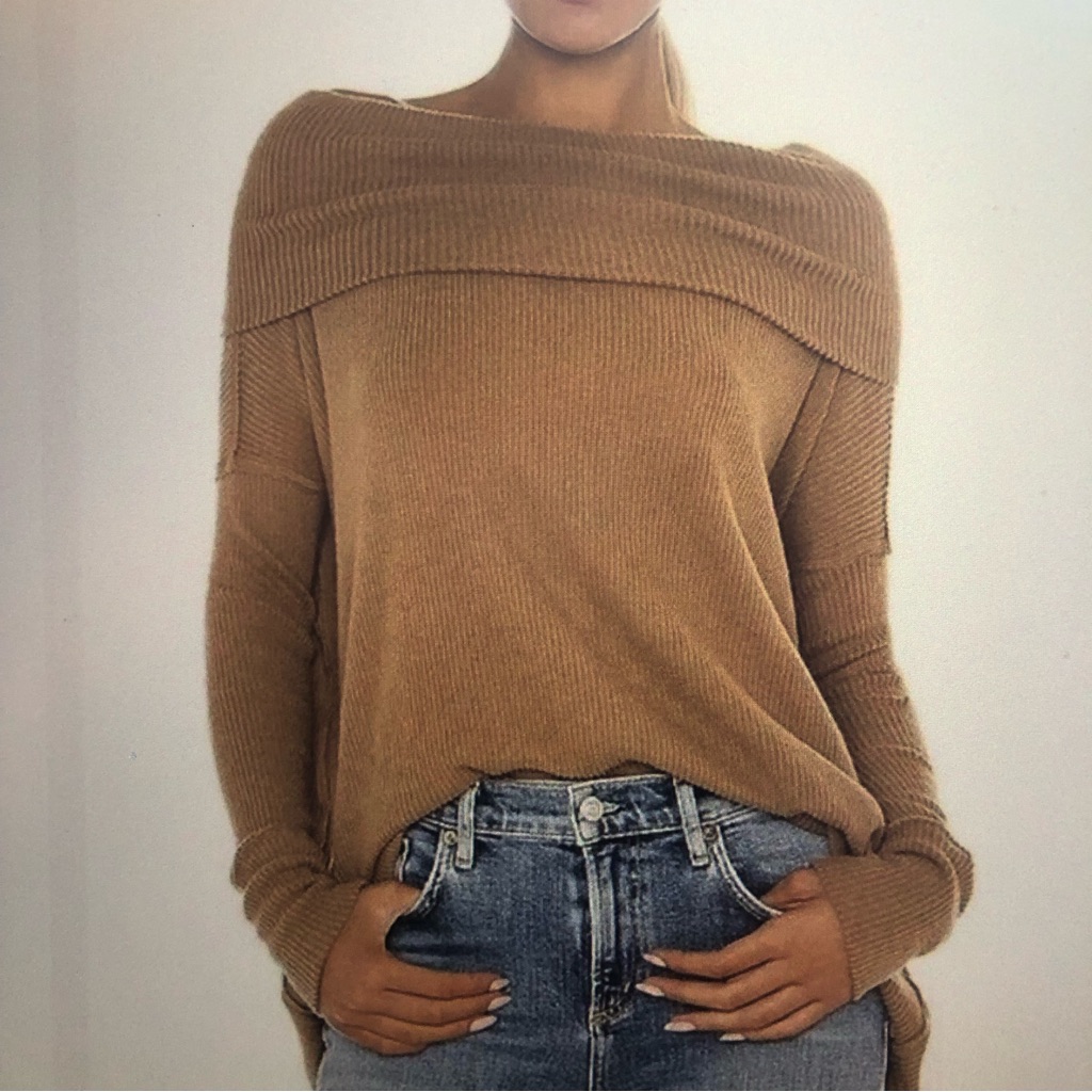 Free People Juicy Ribbed Cowl Neck Long Sleeve Top Vintage Bronze Medium